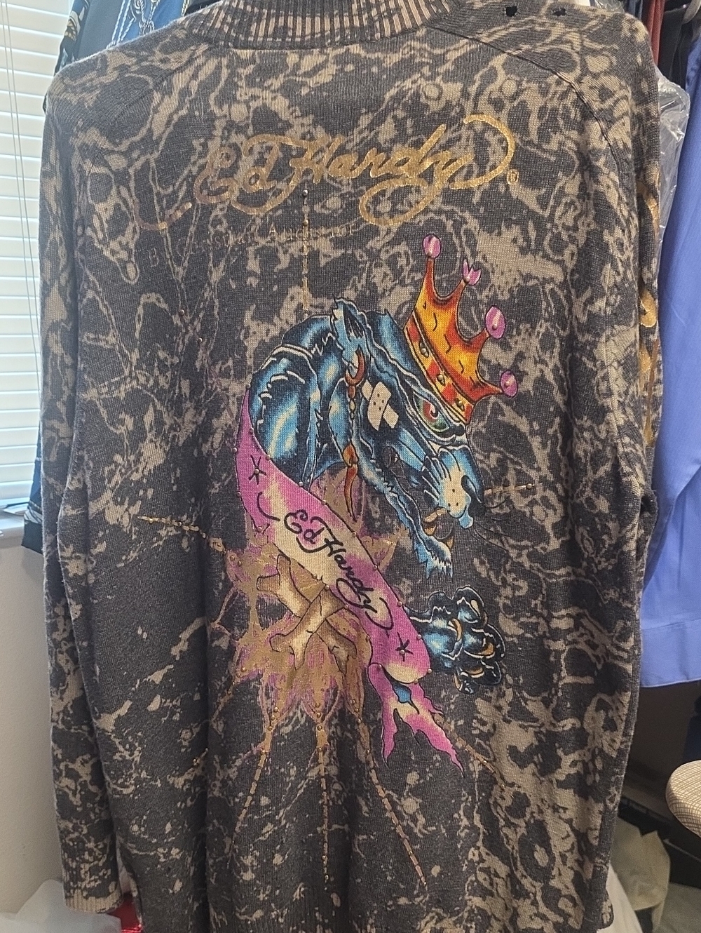Ed Hardy Black Acid-Wash Sweater with Pink & Gold Crown Graphic